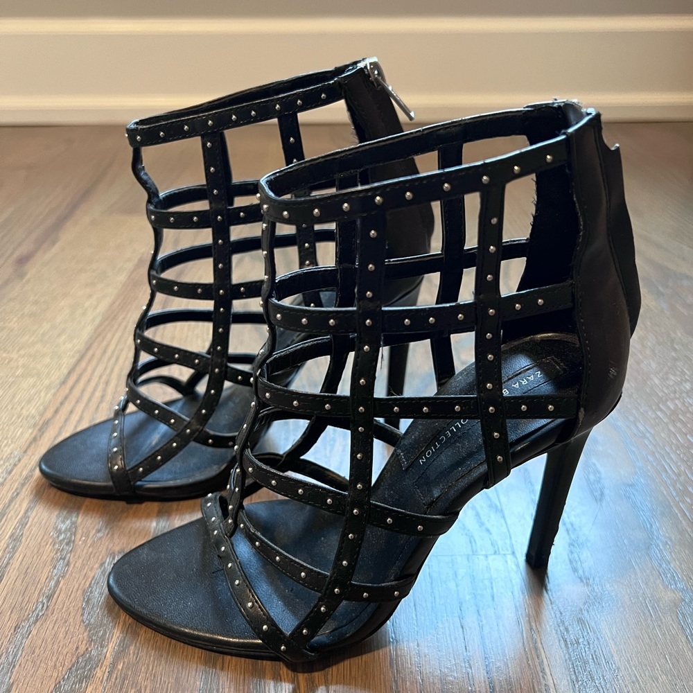 Zara Black Stud Caged Heel Sandal
